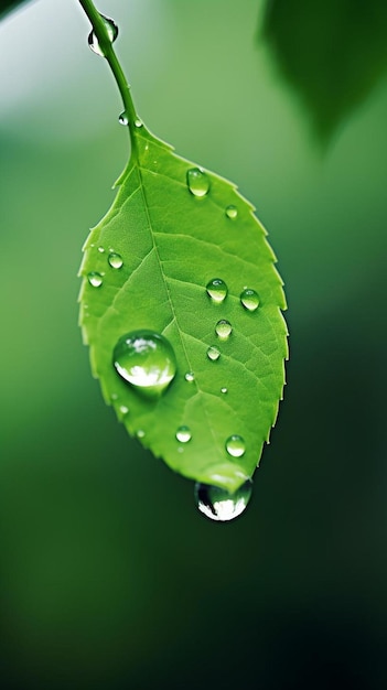 a leaf with water drops on it and a green background.