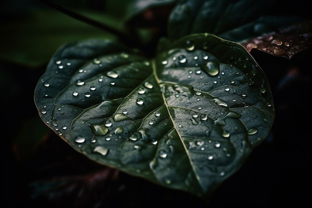 A leaf with water drops on it is covered in raindrops.