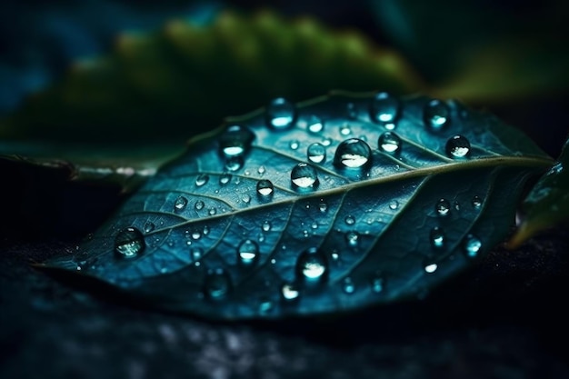 A leaf with water drops on it is covered in water droplets