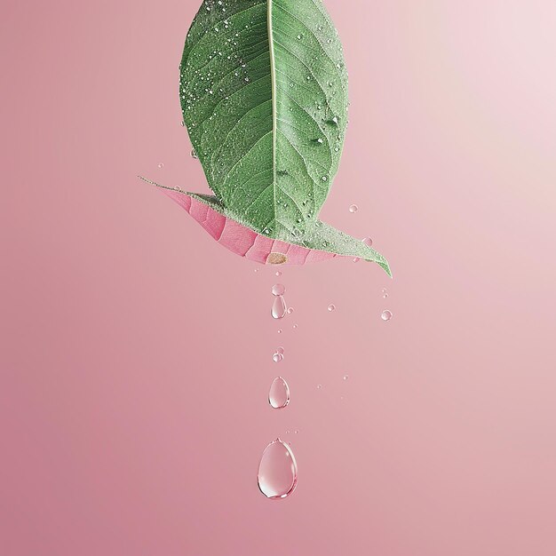 Photo a leaf with water drops on it and a pink background