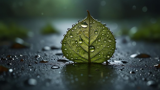 a leaf with water drops on it and a rain droplet on it