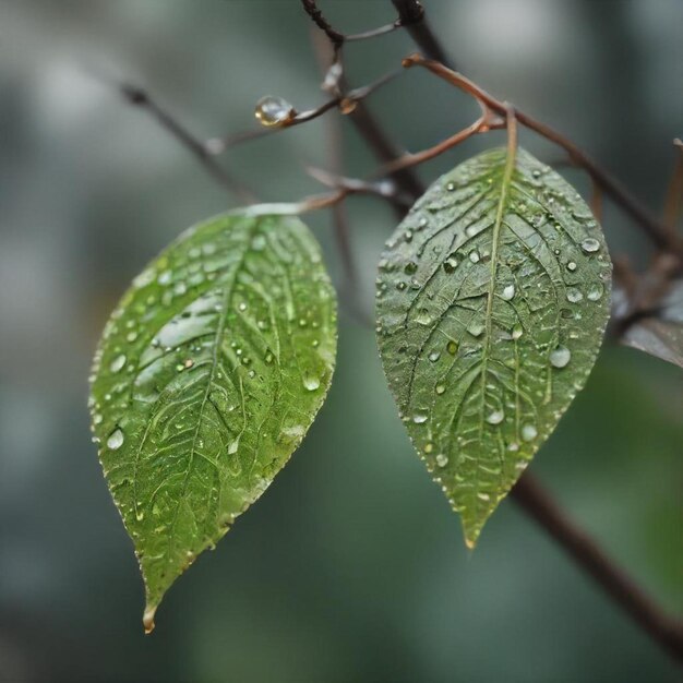 a leaf with water drops on it and the rain drops on it