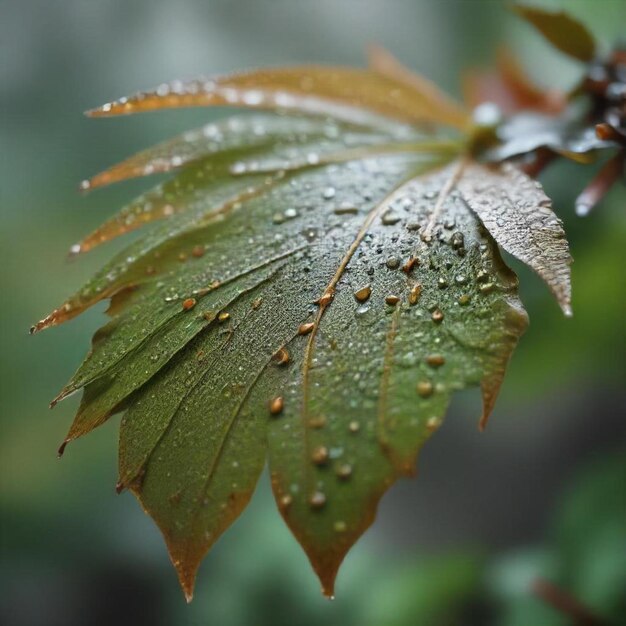 a leaf with water drops on it and the rain drops on it