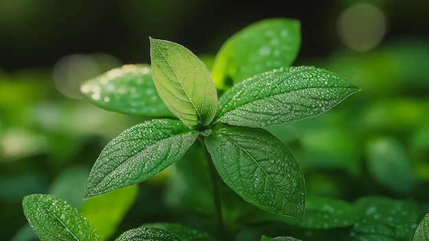 A leafy green plant with droplets of water on it The droplets are small and scattered giving the plant a fresh and lively appearance