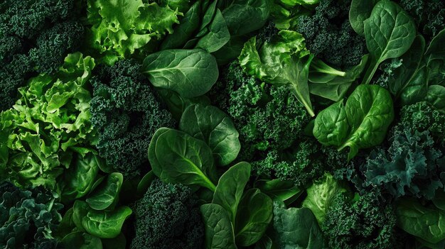 Photo leafy greens like spinach and kale arranged in a vibrant pattern