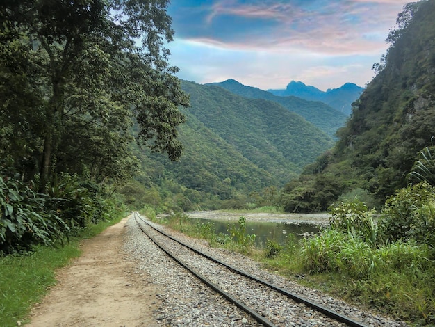 Leafy and mountainous landscape where a train track crosses.