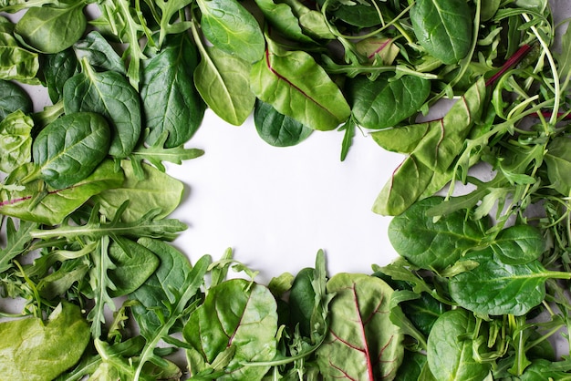 Leafy vegetable border: spinach, beet, arugula, healthy eating