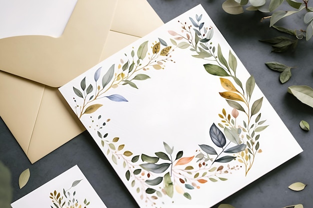 Leafy watercolor border adds a touch of nature to minimalist stationery Watercolor flowers postcard Generative AI