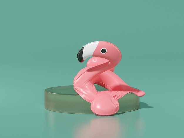 Leak pink flamingo inflatable ring on green background