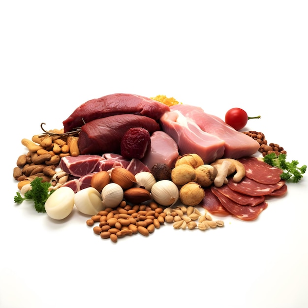 Lean Meats and Poultry Whole Grains Seeds and Nuts on white background