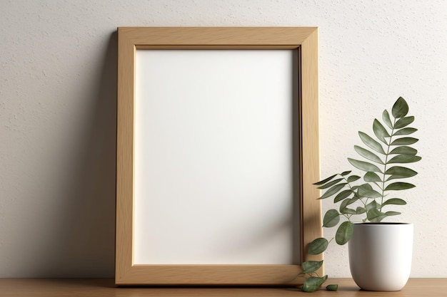 Leaning against a beige wall is a wooden photo frame Template for a blank mockup