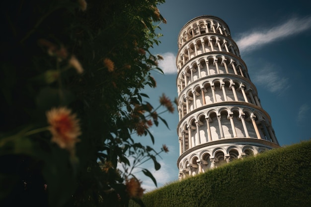 Leaning Tower of Pisa in serene landscape generative IA