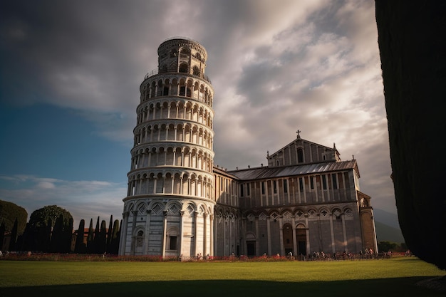 Leaning Tower of Pisa in serene landscape generative IA