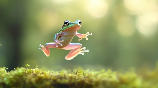 Photo leaping green tree frog in the forest