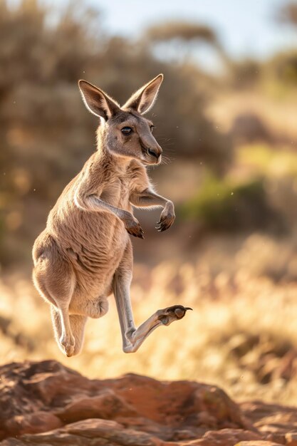 Photo leaping kangaroo australian outback dynamic action marsupial power