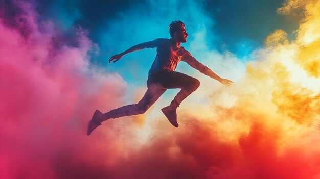 Leaping Through Colorful Smoke An Action Photo