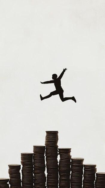 Photo leaping towards success a silhouette of a determined person soaring over a mountain of coins representing financial ambition and overcoming challenges