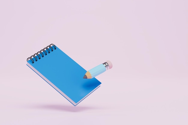 Learning concept a blue notebook and pencil on a pastel background copy paste copy space 3D render