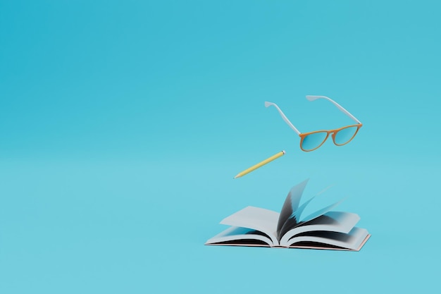 Photo learning concept glasses pencil and open book on a blue background copy paste copy space 3d render