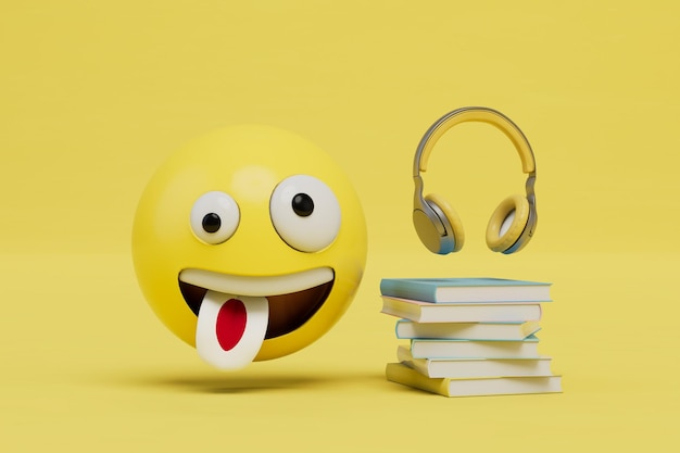 Learning Japanese books headphones emoticon with a tongue in the form of a Japanese flag 3D render