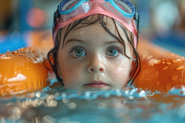 Photo learning to swim young child in indoor pool with goggles pink cap and orange noodles