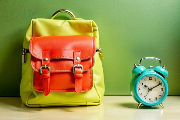 A leather backpack with a clock on it and a pocket watch on it