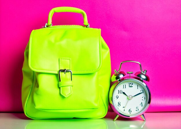 A leather backpack with a clock on it and a pocket watch on it