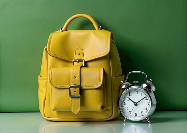 A leather backpack with a clock on it and a pocket watch on it