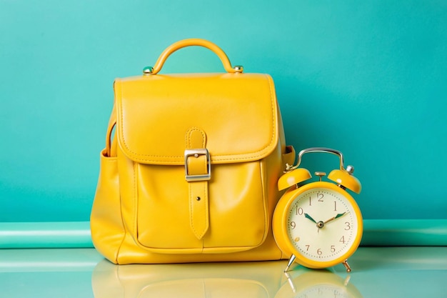 A leather backpack with a clock on it and a pocket watch on it