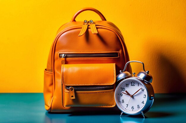 A leather backpack with a clock on it and a pocket watch on it