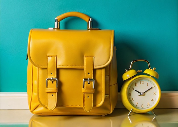 A leather backpack with a clock on it and a pocket watch on it