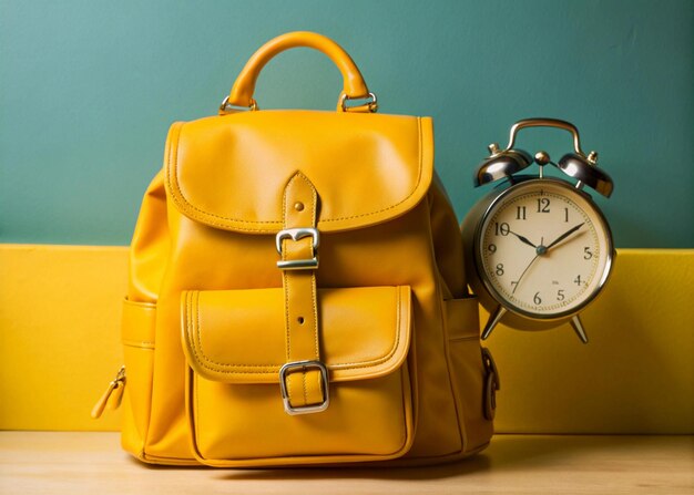 A leather backpack with a clock on it and a pocket watch on it