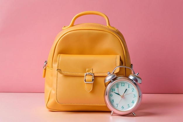 A leather backpack with a clock on it and a pocket watch on it