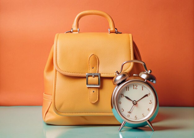 A leather backpack with a clock on it and a pocket watch on it