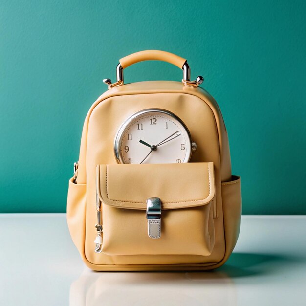 A leather backpack with a clock on it and a pocket watch on it