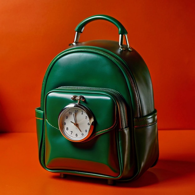 Photo a leather backpack with a clock on it and a pocket watch on it