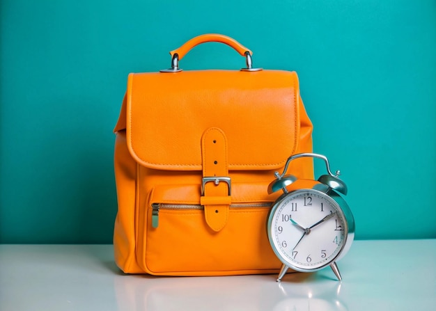 A leather backpack with a clock on it and a pocket watch on it