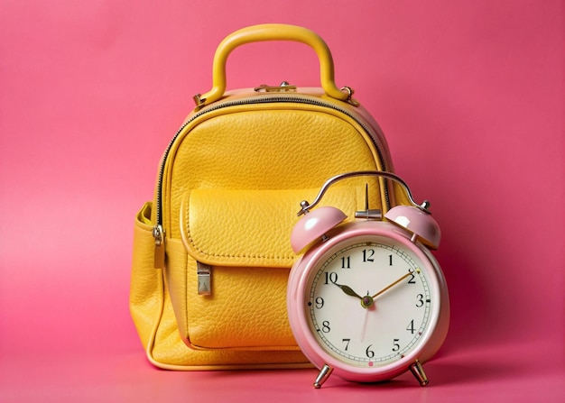 A leather backpack with a clock on it and a pocket watch on it