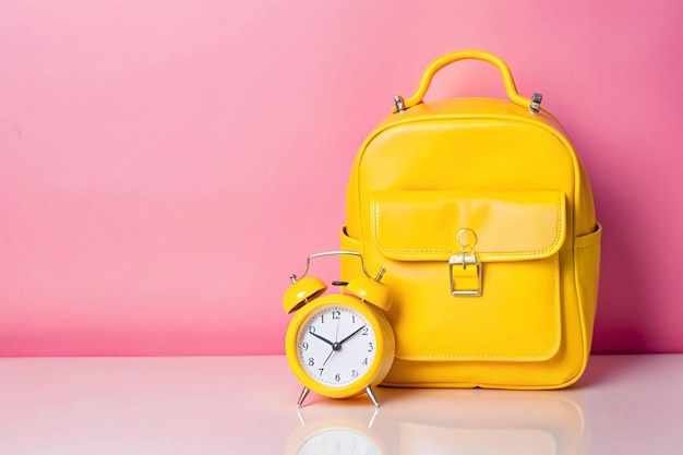 A leather backpack with a clock on it and a pocket watch on it