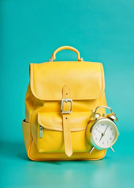 A leather backpack with a clock on it and a pocket watch on it