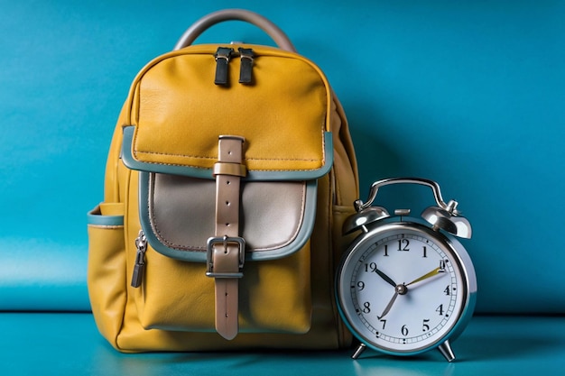 A leather backpack with a clock on it and a pocket watch on it