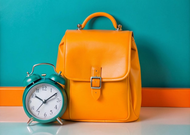 A leather backpack with a clock on it and a pocket watch on it