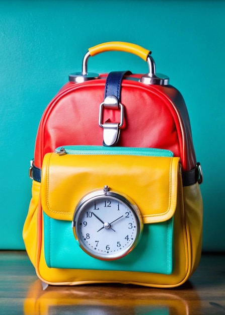 Photo a leather backpack with a clock on it and a pocket watch on it