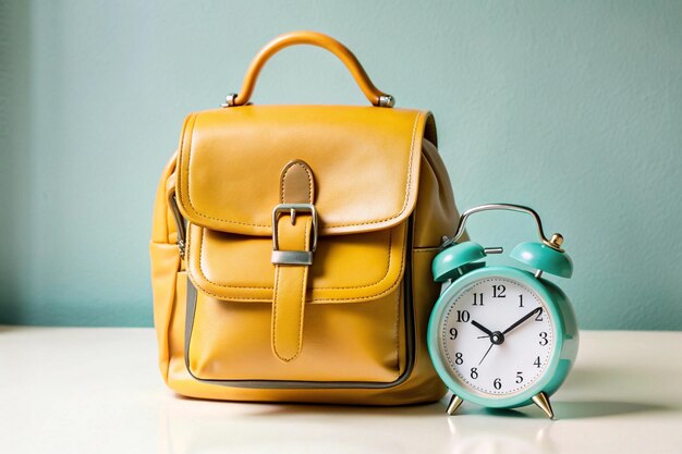 A leather backpack with a clock on it and a pocket watch on it