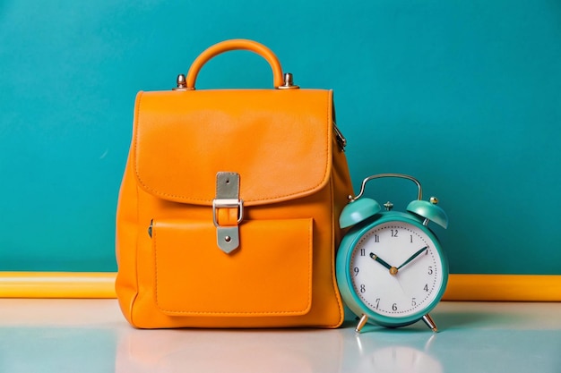 A leather backpack with a clock on it and a pocket watch on it