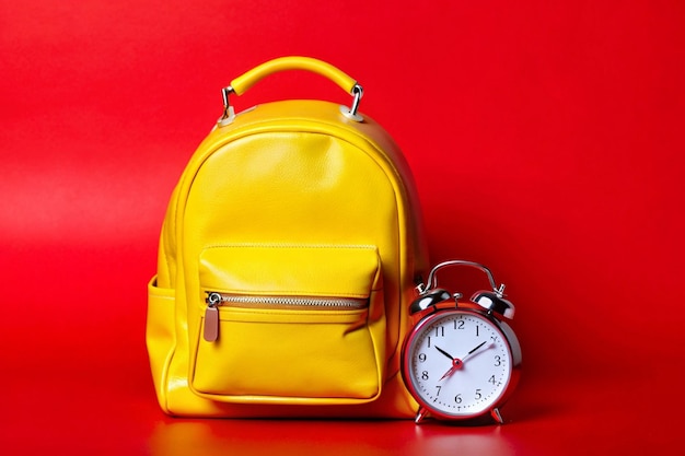 Photo a leather backpack with a clock on it and a pocket watch on it