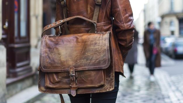 Leather Bag and a Brown Jacket in a City Street