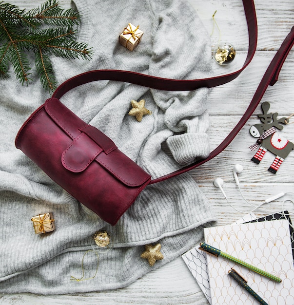 Leather bag and Christmas decorations