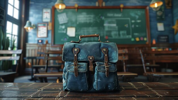 Photo a leather bag sits on a desk in a classroom by ai generated image