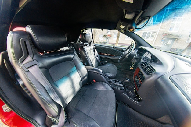 leather black car interior with suede